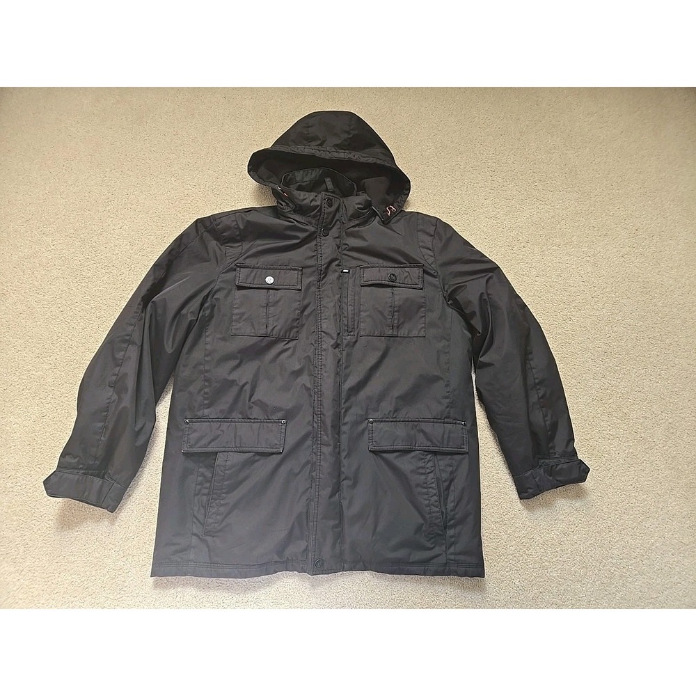 Men London Fog Double Jacket Solid Black Removable Lining Hooded Size L‎